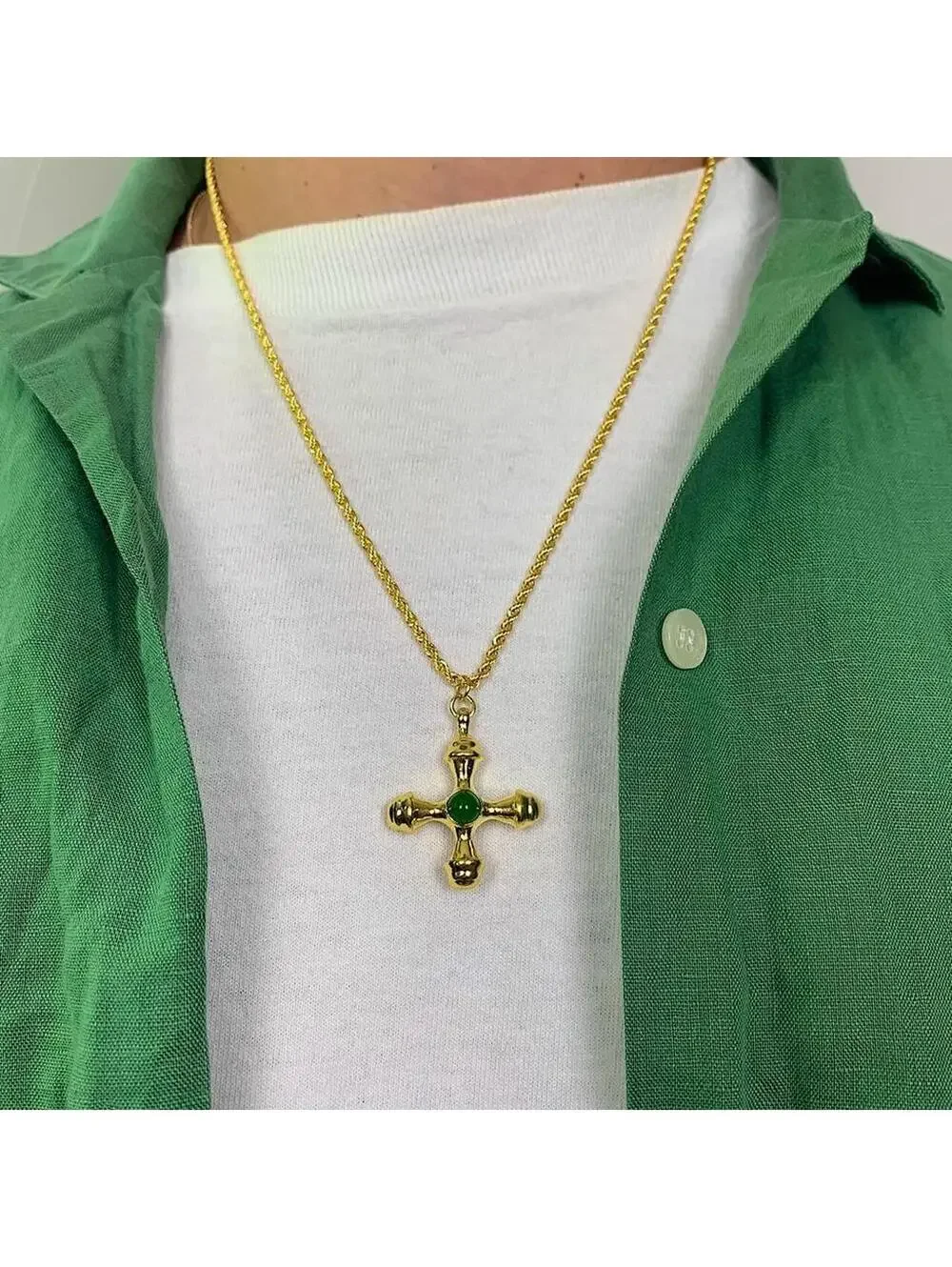 Y2k 2000s style Cyber Star Cross Pendant Gold Rope Chain Necklace. Stainless